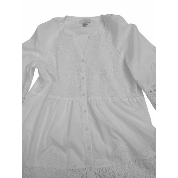 Alessa W Womens White Smocked Lace Peasant Tunic Blouse 3/4 Sleeve Size 6 Fairy - Picture 11 of 14